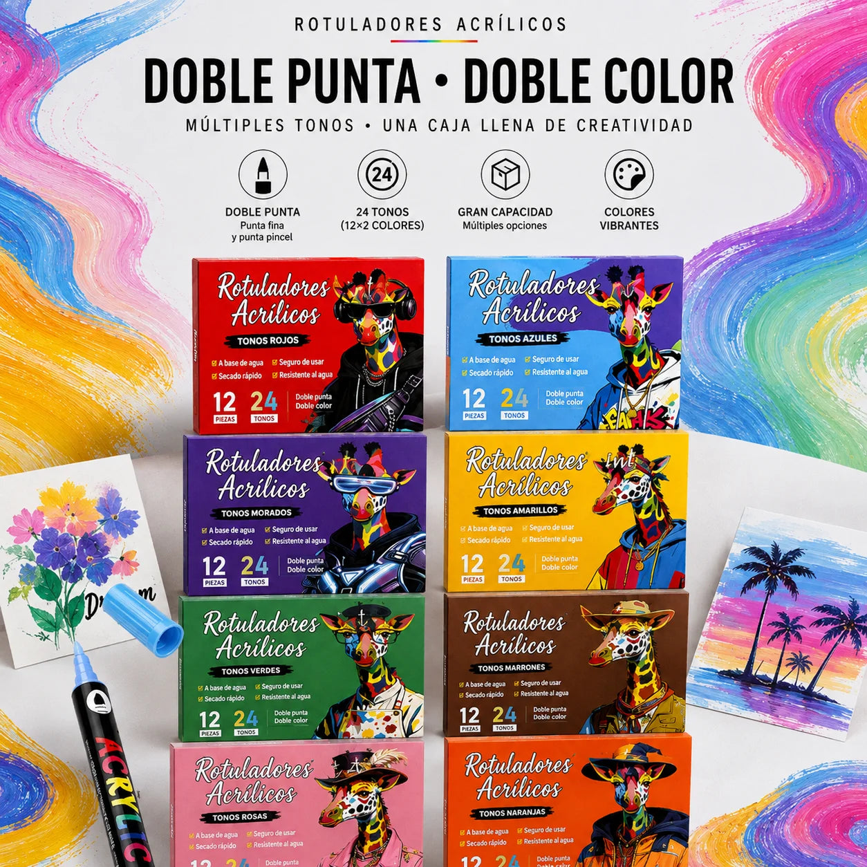 Colección completa de rotuladores acrílicos de doble punta con 24 tonos vibrantes, ideales para pintar sobre madera, piedra, vidrio, cerámica, lienzo y muchas otras superficies – Noctavy