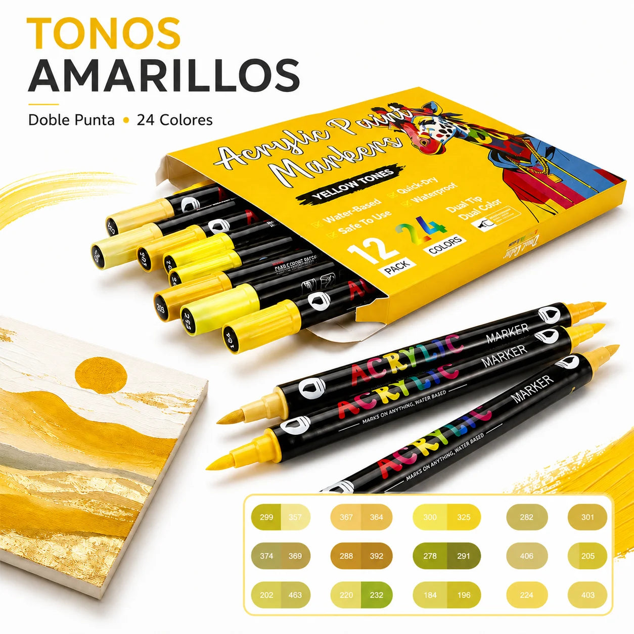 Rotuladores acrílicos de doble punta en tonos amarillos de 24 colores – Colección Noctavy