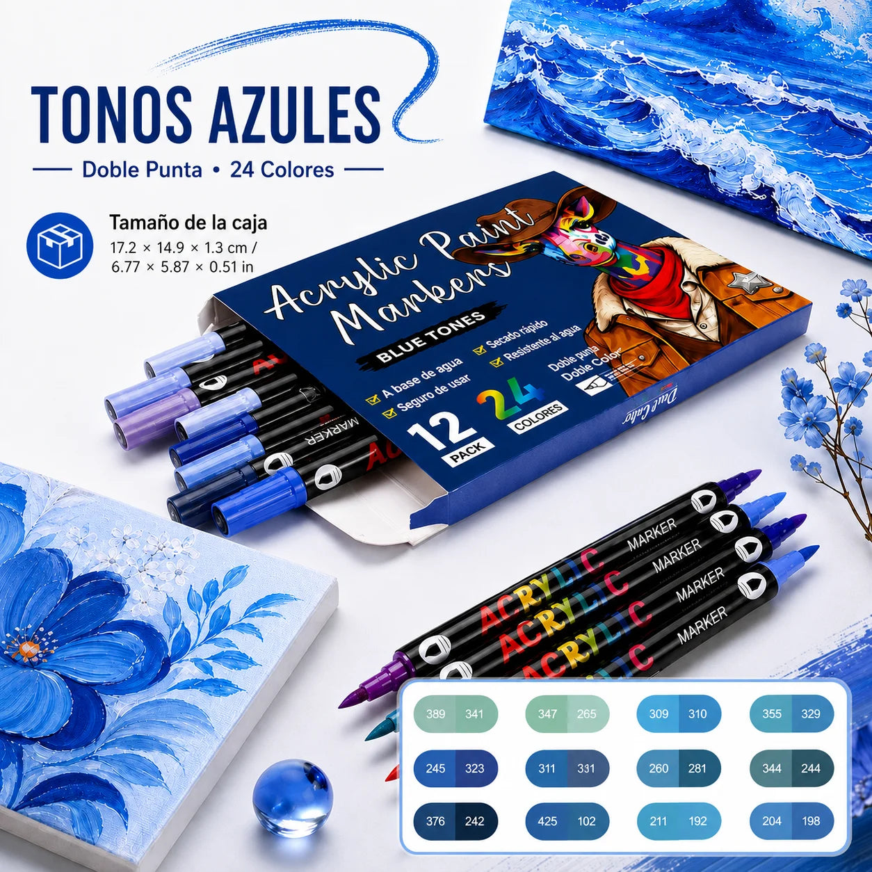 Rotuladores acrílicos de doble punta en tonos azules de 24 colores – Colección Noctavy