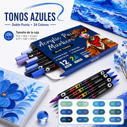 Rotuladores acrílicos de doble punta en tonos azules de 24 colores – Colección Noctavy