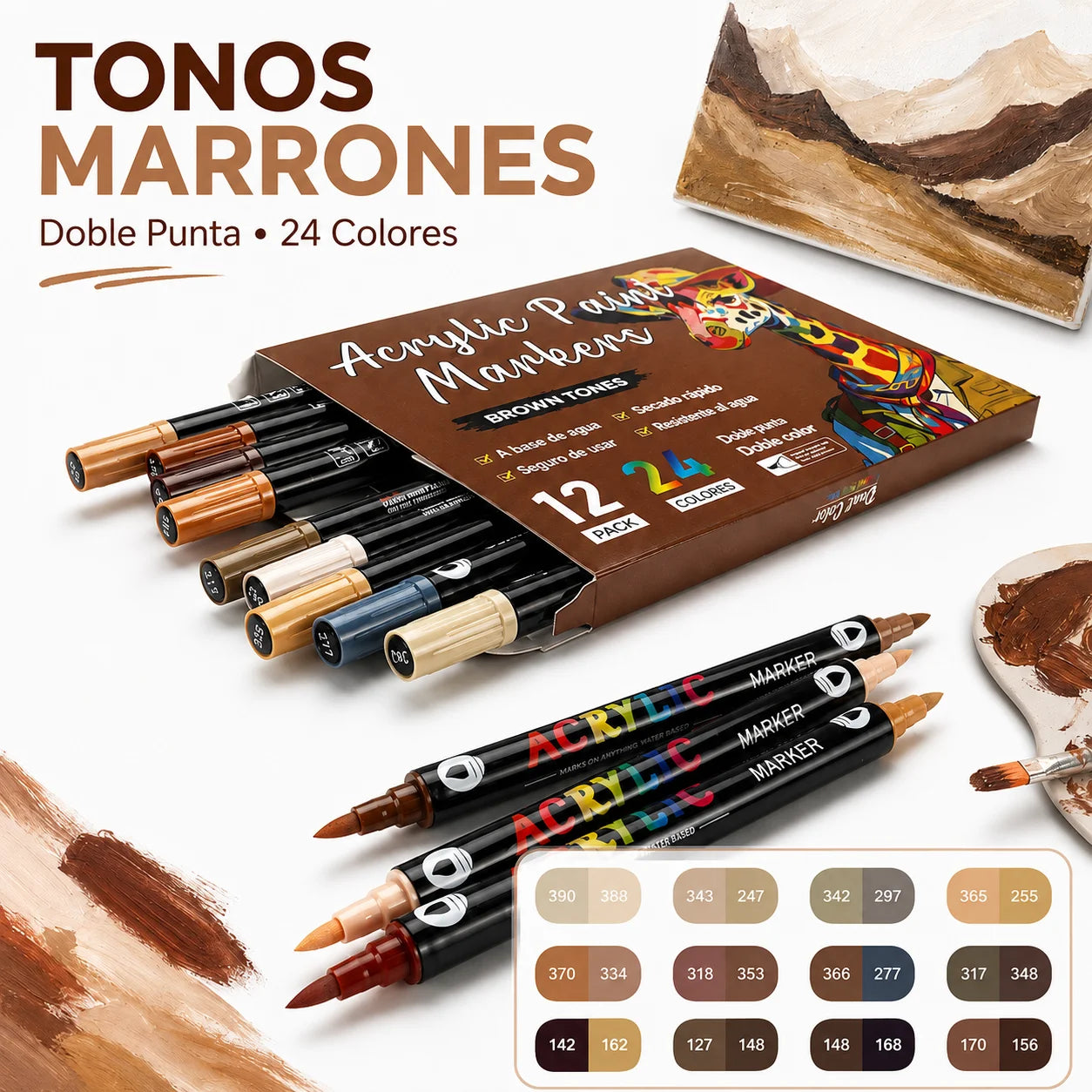 Rotuladores acrílicos de doble punta en tonos marrones de 24 colores – Colección Noctavy