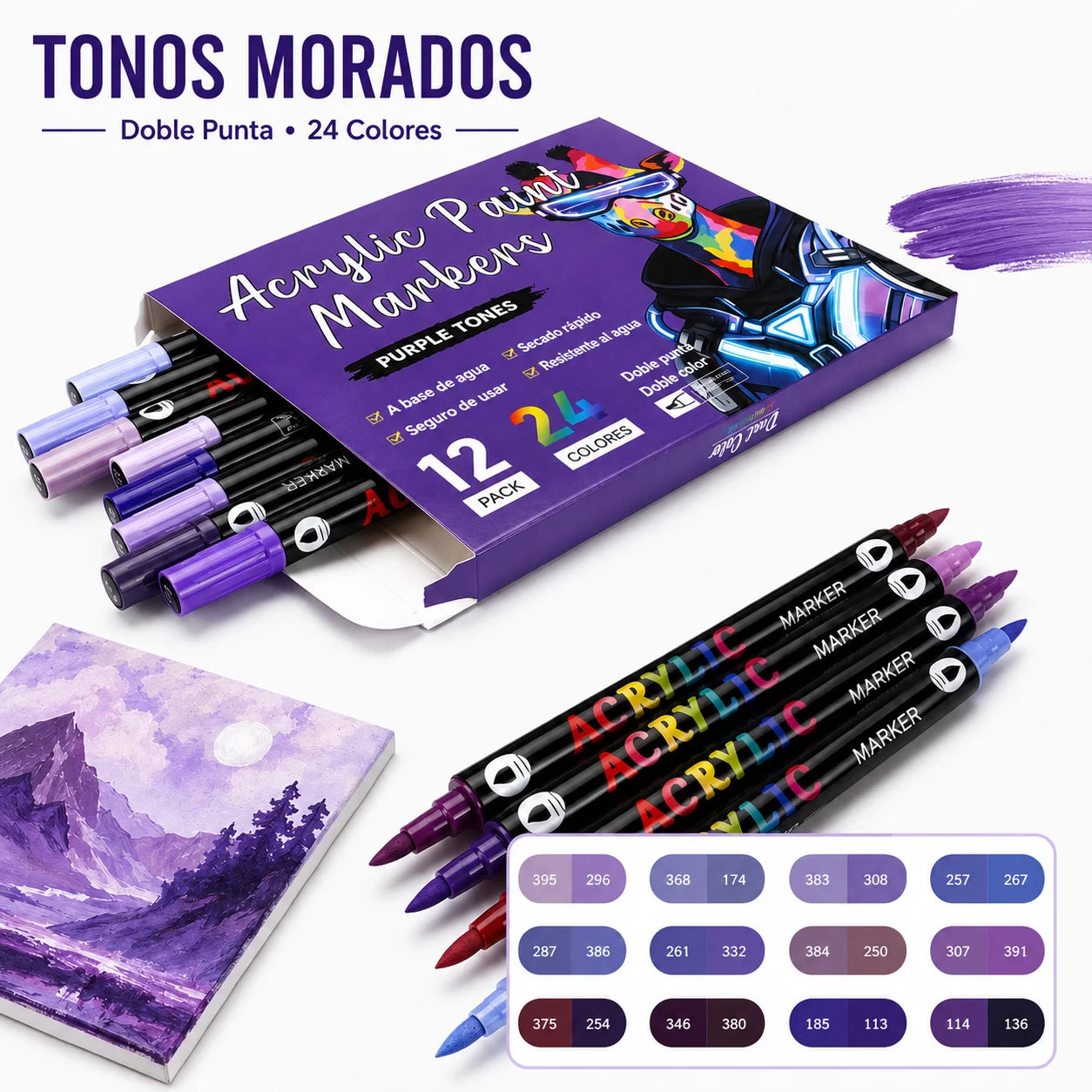 Rotuladores acrílicos de doble punta en tonos morados de 24 colores – Colección Noctavy