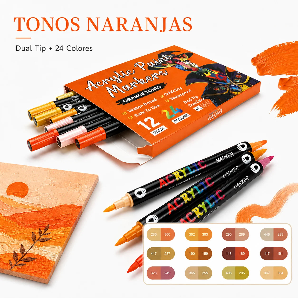 Rotuladores acrílicos de doble punta en tonos narnjas de 24 colores – Colección Noctavy