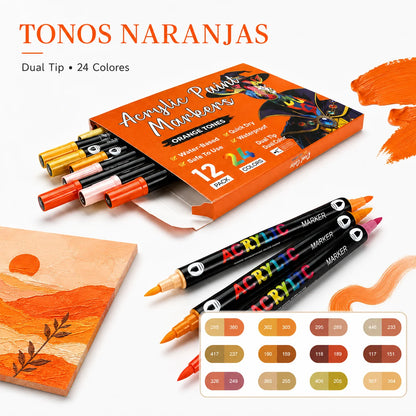 Rotuladores acrílicos de doble punta en tonos narnjas de 24 colores – Colección Noctavy