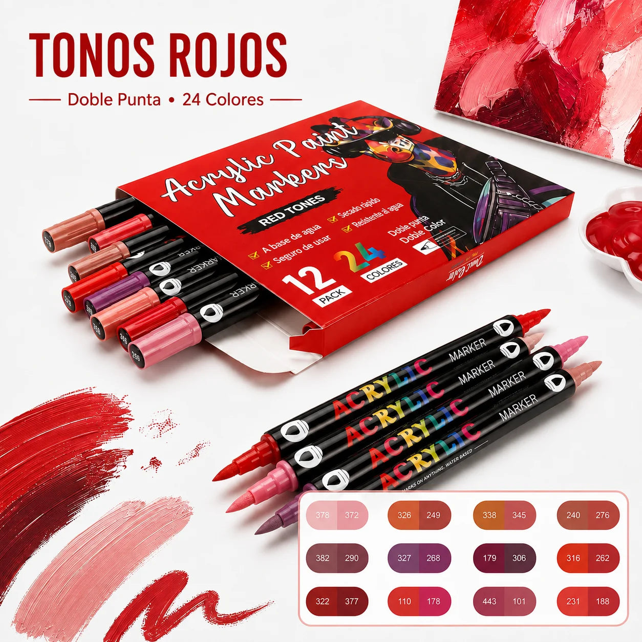 Rotuladores acrílicos de doble punta en tonos rojos de 24 colores – Colección Noctavy