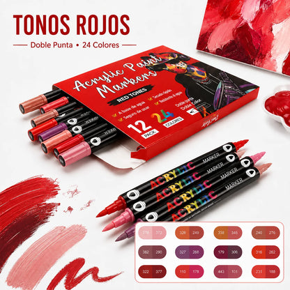 Rotuladores acrílicos de doble punta en tonos rojos de 24 colores – Colección Noctavy