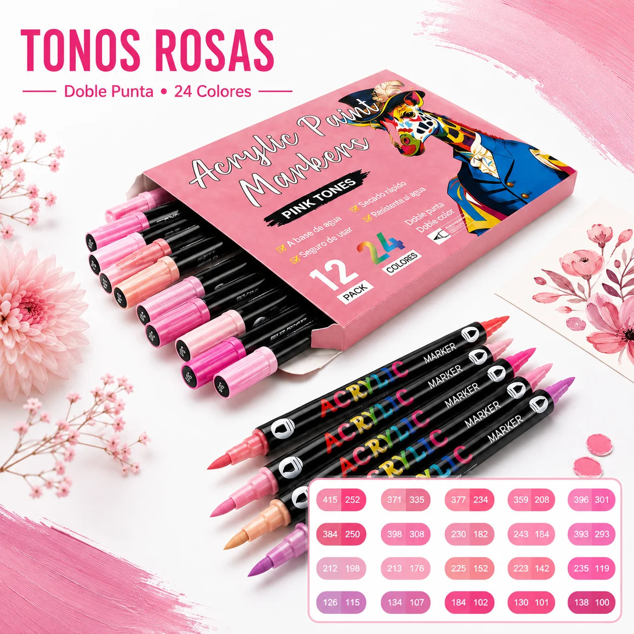 Rotuladores acrílicos de doble punta en tonos rosas de 24 colores – Colección Noctavy
