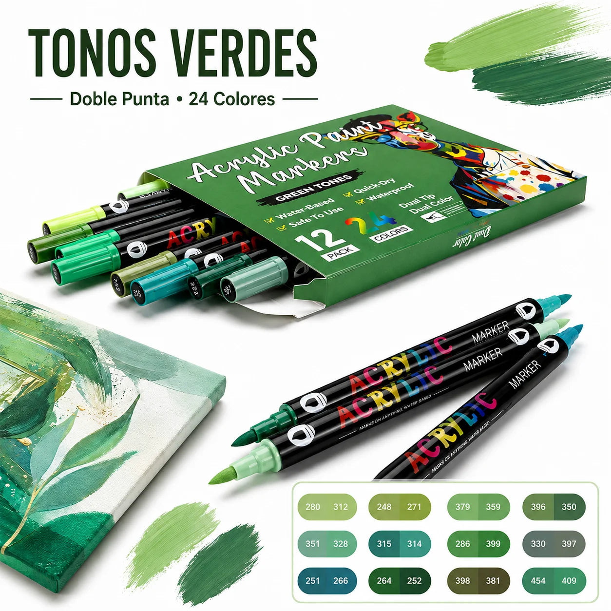 Rotuladores acrílicos de doble punta en tonos verdes de 24 colores – Colección Noctavy