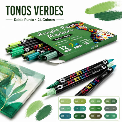 Rotuladores acrílicos de doble punta en tonos verdes de 24 colores – Colección Noctavy